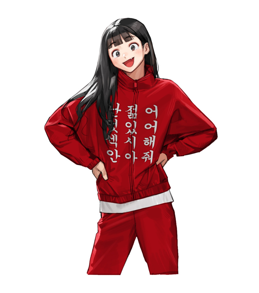 1girl black_eyes black_hair blunt_bangs blush cowboy_shot fang hands_on_hips highres jacket korean_text long_hair long_sleeves open_mouth original pants print_jacket red_jacket red_pants rinotuna simple_background smile solo translation_request white_background