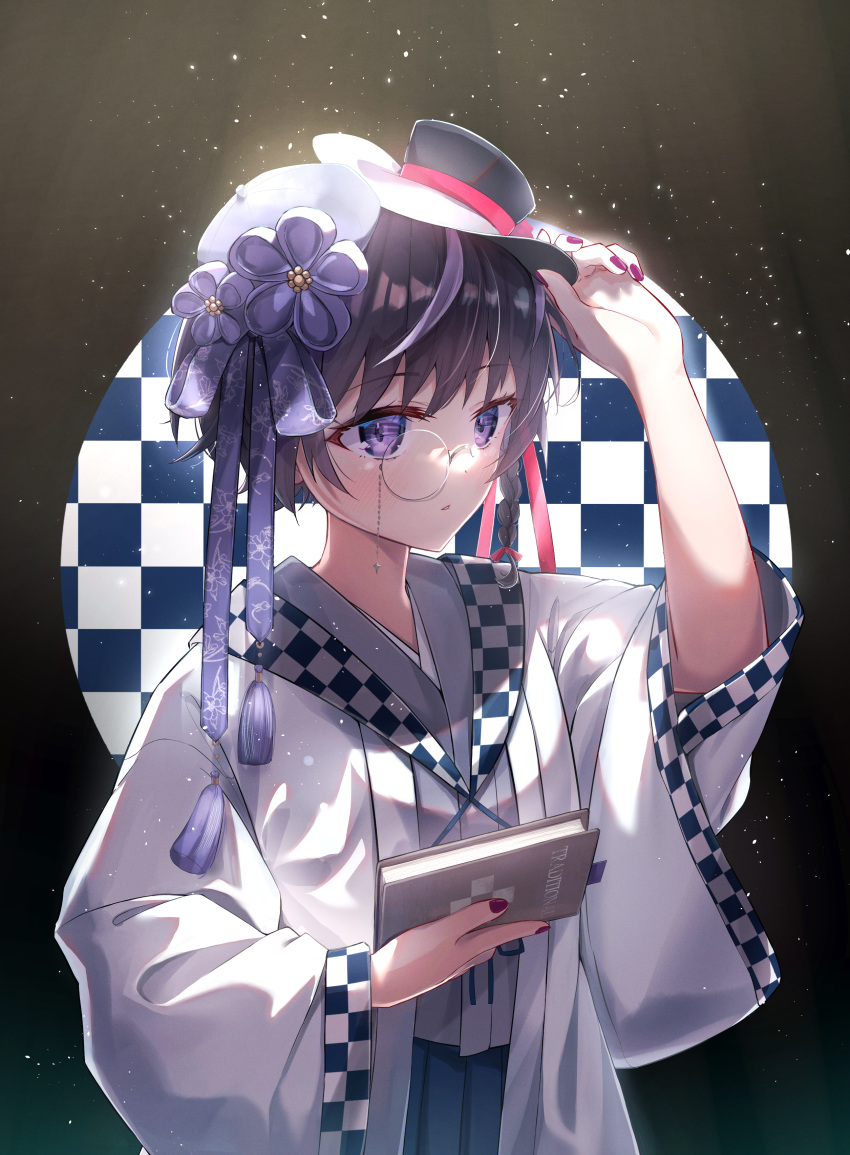 1girl absurdres adjusting_clothes adjusting_headwear arm_up beret black_hair black_headwear blue_hakama book checkered_background checkered_clothes commentary_request grey_kimono hakama hakama_skirt hat highres holding holding_book japanese_clothes kimono long_sleeves mini_hat monocle multicolored_hair nail_polish open_clothes original parted_lips purple_nails skirt solo streaked_hair tilted_headwear violet_eyes white_hair white_headwear wide_sleeves yukai_nao