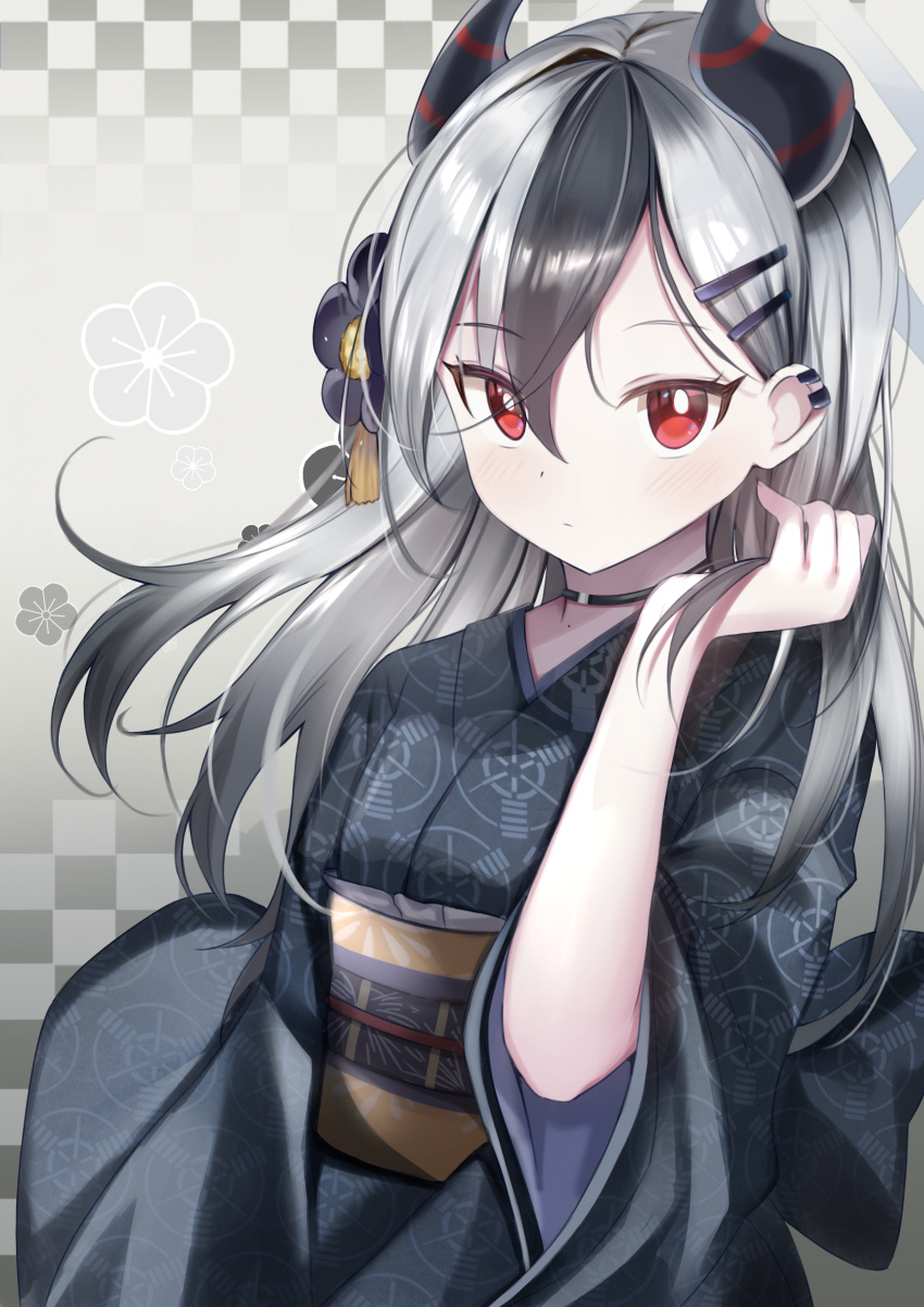 1girl absurdres black_choker black_flower black_hair black_kimono blue_archive checkered_background choker commentary_request floral_background flower gradient_background grey_background grey_hair hair_between_eyes hair_flower hair_ornament hairclip hand_up highres horns japanese_clothes kayoko_(blue_archive) kimono long_hair long_sleeves looking_at_viewer lydia601304 multicolored_hair obi red_eyes sash solo two-tone_hair very_long_hair wide_sleeves