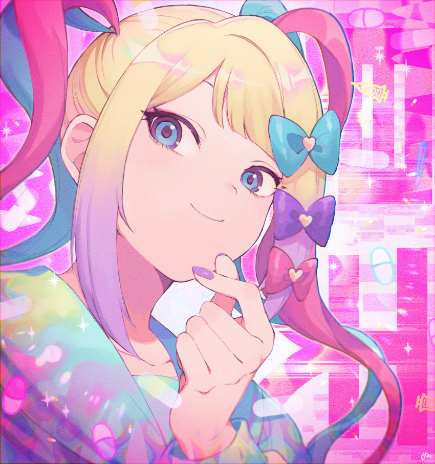 1girl blonde_hair blue_bow blue_eyes blue_hair bow chouzetsusaikawa_tenshi-chan closed_mouth gradient_hair hair_bow highres long_sleeves looking_at_viewer multicolored_hair needy_girl_overdose pill pink_background pink_bow pink_hair purple_bow purple_hair purple_nails quad_tails sailor_collar show_chiku-by smile solo twintails upper_body