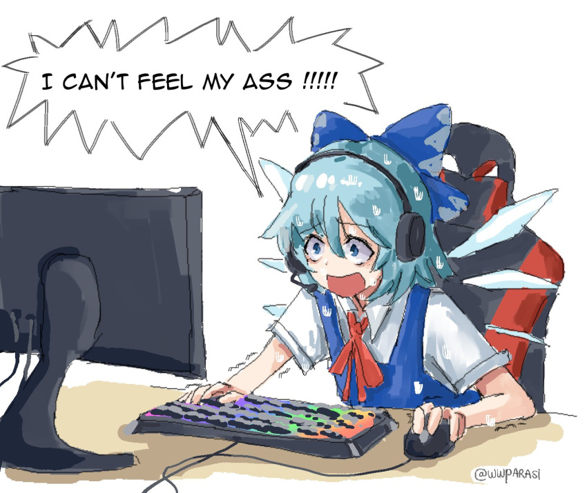 1girl artist_name blue_bow blue_dress blue_eyes blue_hair bow chair cirno commentary desk dress english_commentary english_text gaming_chair hair_bow headphones headset ice ice_wings keyboard_(computer) monitor motion_lines mouse_(computer) neck_ribbon oekaki playing_games red_ribbon ribbon sanpaku screaming shirt short_hair short_sleeves sitting solo speech_bubble sweat swivel_chair touhou trembling twitter_username upper_body white_shirt wing_collar wings wwparasi