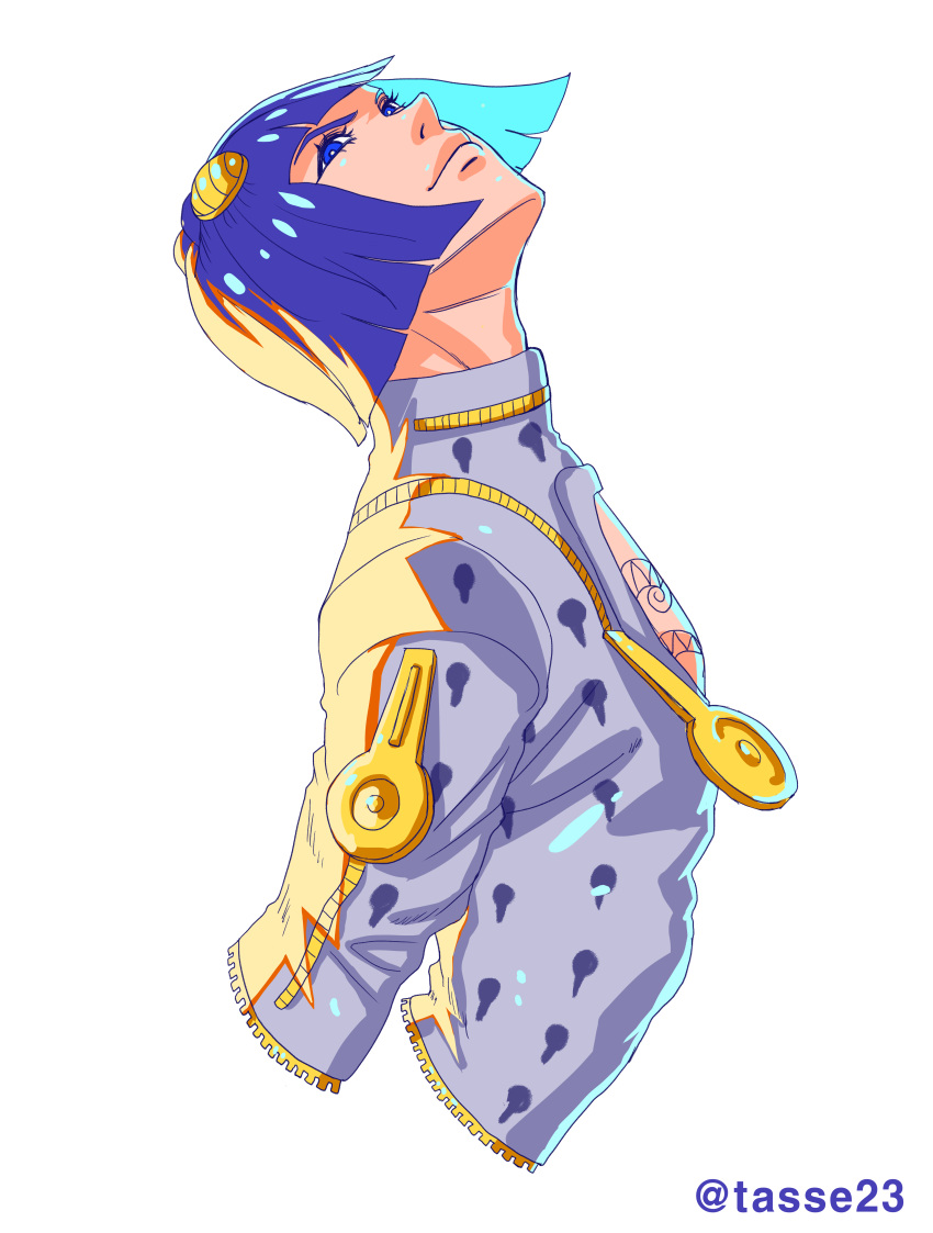 1boy absurdres blue_eyes blue_hair blunt_bangs bob_cut bruno_bucciarati cleavage_cutout clothing_cutout hair_ornament hairclip highres jojo_no_kimyou_na_bouken looking_up male_focus multicolored_hair pajamas solo tasse_jj twitter_username two-tone_hair upper_body vento_aureo white_background zipper zipper_pull_tab