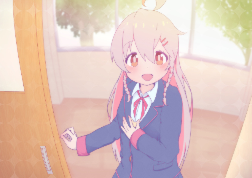 1girl :d absurdres ahoge black_jacket braid brown_eyes colored_inner_hair commentary day doorway grey_hair hair_between_eyes hair_ornament hairclip hand_on_own_chest highres indoors jacket light_blush long_hair long_sleeves looking_at_viewer multicolored_hair neck_ribbon onii-chan_wa_oshimai! open_mouth oyama_mahiro pink_hair rakugakijunkie red_ribbon ribbon school_uniform shirt sliding_doors smile solo twin_braids two-tone_hair upper_body white_shirt window wing_collar