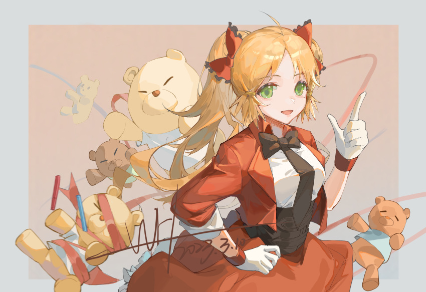 1girl 8873206812 :d absurdres arknights black_bow black_necktie blonde_hair border bow collared_shirt dated gloves green_eyes grey_border hair_bow hand_on_hip hand_up highres index_finger_raised jacket long_sleeves mole mole_under_eye necktie open_clothes open_jacket parted_bangs pinecone_(arknights) pinecone_(sing_a_song)_(arknights) red_bow red_jacket red_skirt shirt signature skirt smile solo stuffed_animal stuffed_toy teddy_bear twintails white_gloves white_shirt