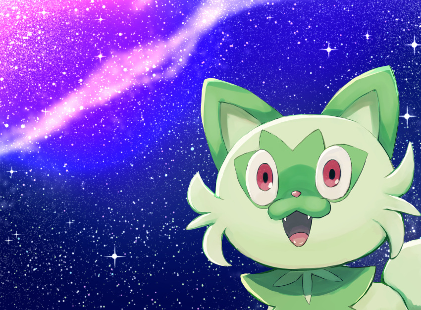 a-kiraa_(whisper) fangs highres meme open_mouth pokemon pokemon_(creature) red_eyes solo space space_cat_(meme) sparkle sprigatito starry_background tongue wide-eyed