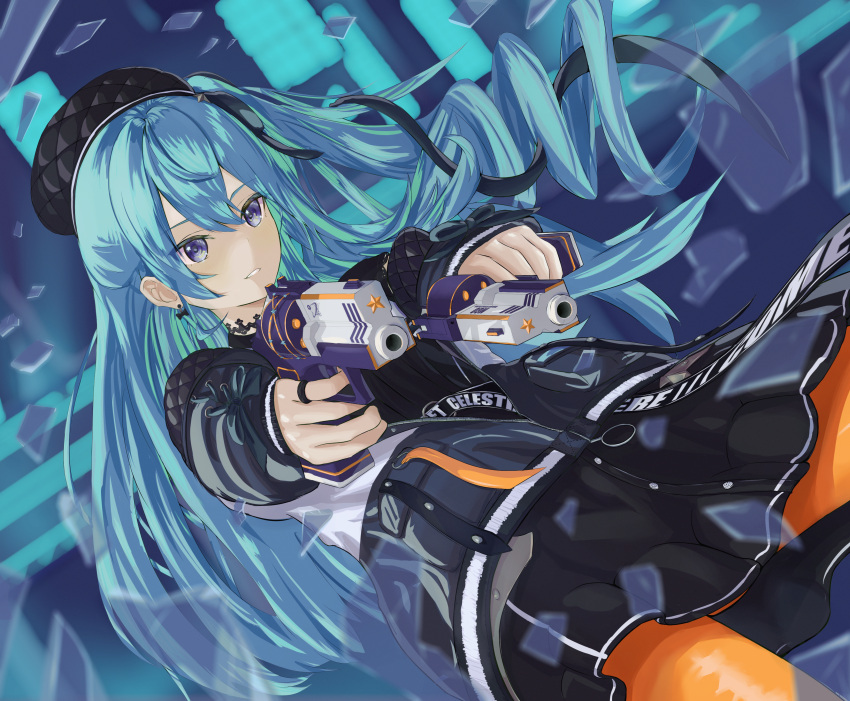 1girl absurdres aiming black_choker black_dress black_headwear black_jacket blue_eyes blue_hair bow bow_earrings choker commentary_request dress dual_wielding earrings finger_on_trigger floating_hair gun hair_between_eyes handgun highres holding hololive hoshimachi_suisei jacket jewelry lace lace_choker long_hair long_sleeves looking_ahead number_nine orange_pantyhose pantyhose parted_lips puffy_long_sleeves puffy_sleeves ring shards side_ponytail solo star_(symbol) star_in_eye symbol_in_eye virtual_youtuber weapon