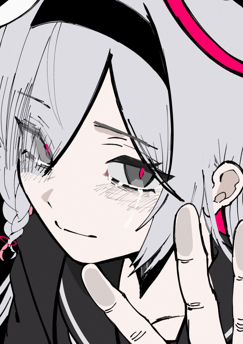 1girl a.r.o.n.a_(blue_archive) against_fourth_wall bags_under_eyes black_coat black_hairband black_sailor_collar black_serafuku blue_archive blunt_bangs braid close-up closed_mouth coat collarbone commentary_request crying crying_with_eyes_open empty_eyes from_above grey_eyes grey_hair hair_over_one_eye hairband half-closed_eyes halo hand_up highres looking_at_viewer looking_up open_clothes open_coat ozouni pink_background pink_pupils portrait sad_smile sailor_collar school_uniform serafuku side_braid solo streaming_tears tears
