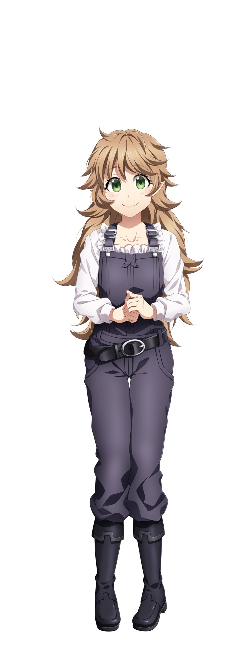 1girl absurdres adapted_costume belt black_belt black_footwear boots brown_hair closed_mouth cosplay cow_girl_(goblin_slayer!) cow_girl_(goblin_slayer!)_(cosplay) denim druid_girl_(goblin_slayer!) frilled_shirt frills full_body goblin_slayer! green_eyes highres kankitukou light_blush long_hair long_sleeves looking_at_viewer overalls pants pointy_ears shirt simple_background smile solo wavy_hair white_background white_shirt