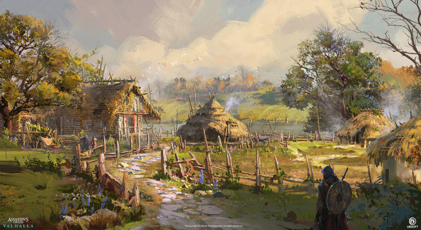 1boy assassin's_creed:_valhalla blue_flower building clouds company_name concept_art copyright_name donglu english_text flower grass highres hood medieval outdoors path river scenery shield_on_back sky tree village water watermark