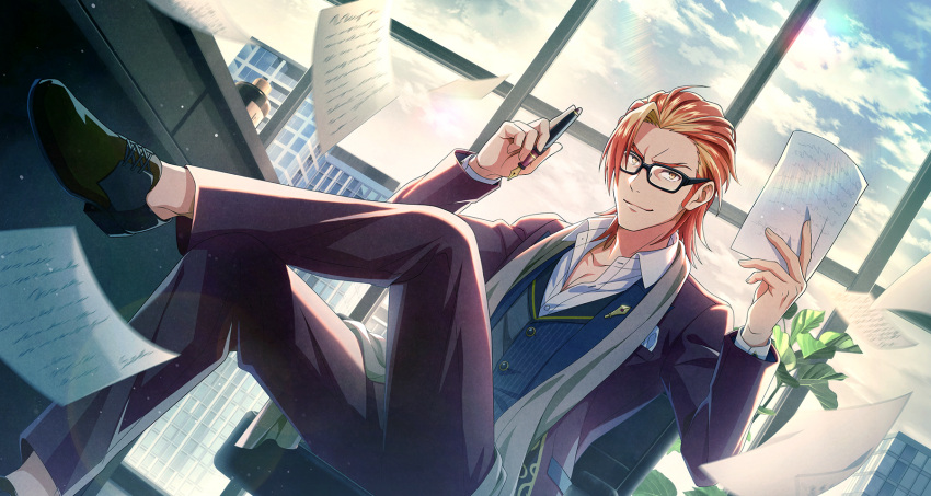 1boy akai_suzaku alternate_hairstyle black-framed_eyewear buttons collared_shirt crossed_legs dress_shoes fingernails glasses highres holding holding_paper holding_pen idolmaster idolmaster_side-m idolmaster_side-m_growing_stars long_sleeves male_focus multicolored_hair official_art orange_hair pants paper pen redhead shirt shoes sky streaked_hair window