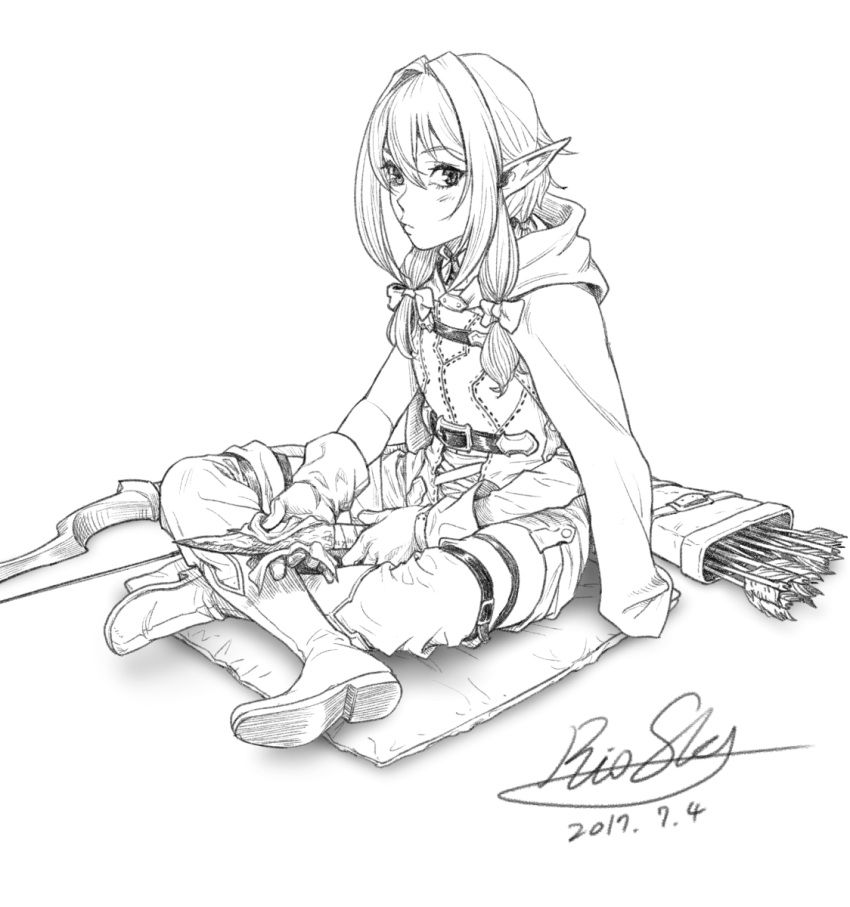 1girl boots bow cleaning_weapon cloak closed_mouth crossed_legs dagger dated elf goblin_slayer! greyscale hair_between_eyes hair_bow high_elf_archer_(goblin_slayer!) highres holding holding_dagger holding_knife holding_weapon hood hood_down hooded_cloak knife light_blush looking_at_viewer monochrome pointy_ears quiver rio_skywalker short_hair_with_long_locks sidelocks signature simple_background sitting solo weapon
