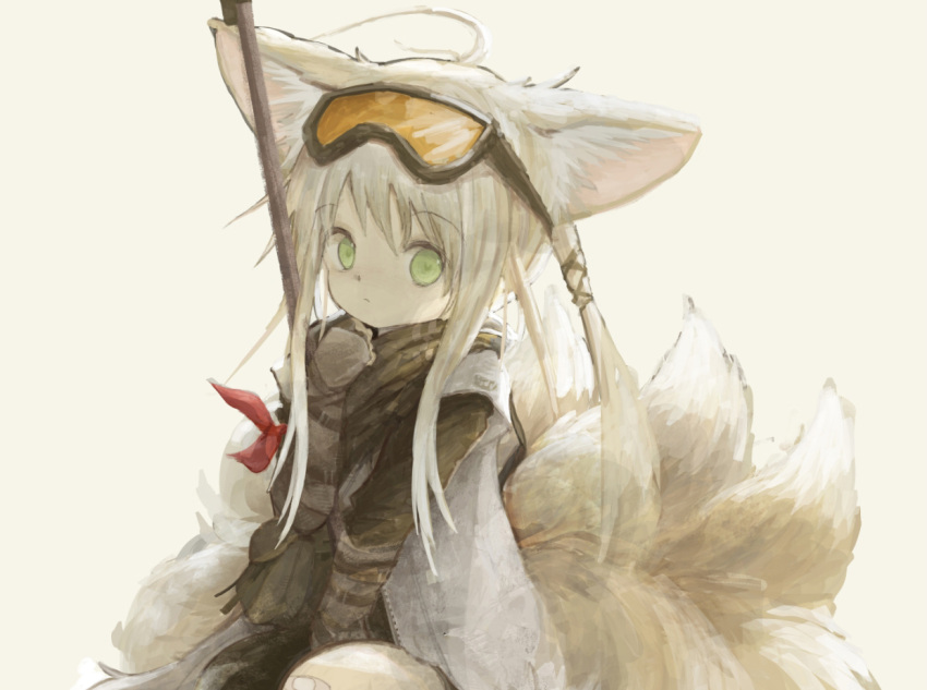 1girl animal_ears arknights arm_belt arm_ribbon black_gloves black_jacket black_scarf blonde_hair brown_background brown_bag clenched_hand closed_mouth coat fox_ears gloves goggles goggles_on_head green_eyes hand_up holding holding_staff jacket kitsune kyuubi looking_at_viewer mani_tamlyn multiple_tails object_hug official_alternate_costume raised_eyebrows red_ribbon ribbon scarf sidelocks sleeveless_coat solo staff suzuran_(arknights) suzuran_(lostlands_flowering)_(arknights) tail upper_body white_coat