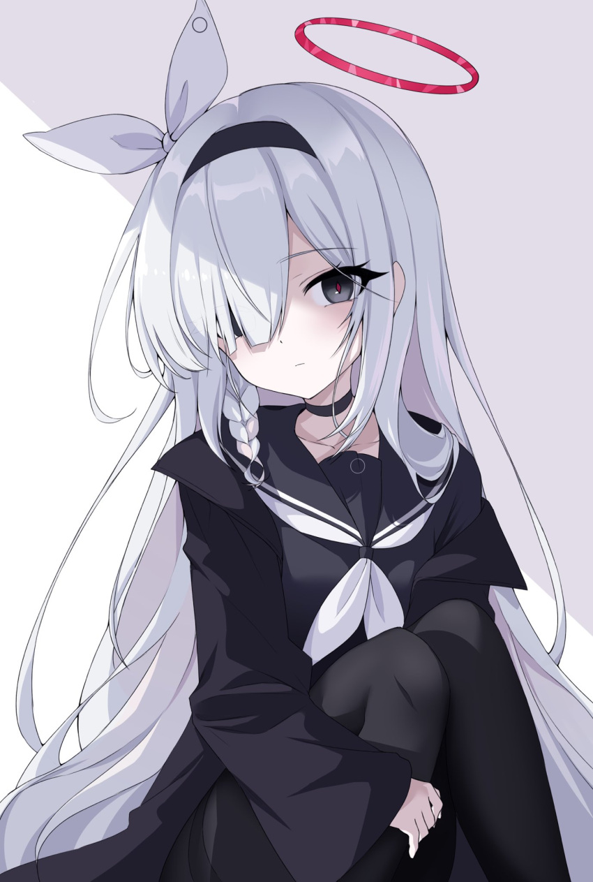 1girl a.r.o.n.a_(blue_archive) bebe_arts2 black_choker black_coat black_eyes black_hairband black_pantyhose black_sailor_collar black_serafuku blue_archive bow braid choker coat hair_bow hair_over_one_eye hairband halo highres long_hair neckerchief open_clothes open_coat pantyhose red_pupils sailor_collar school_uniform serafuku single_braid solo very_long_hair white_bow white_hair white_neckerchief