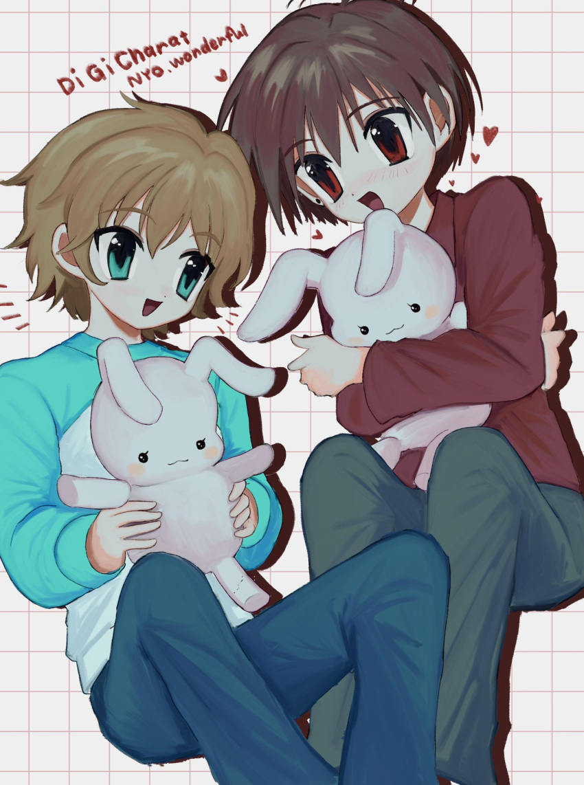 2boys aqua_eyes blonde_hair blue_pants brown_hair di_gi_charat highres holding holding_stuffed_toy long_sleeves male_child minagawa_takurou multiple_boys omocha_kiyoshi open_mouth pants pepeppepe101 short_hair sitting stuffed_animal stuffed_rabbit stuffed_toy