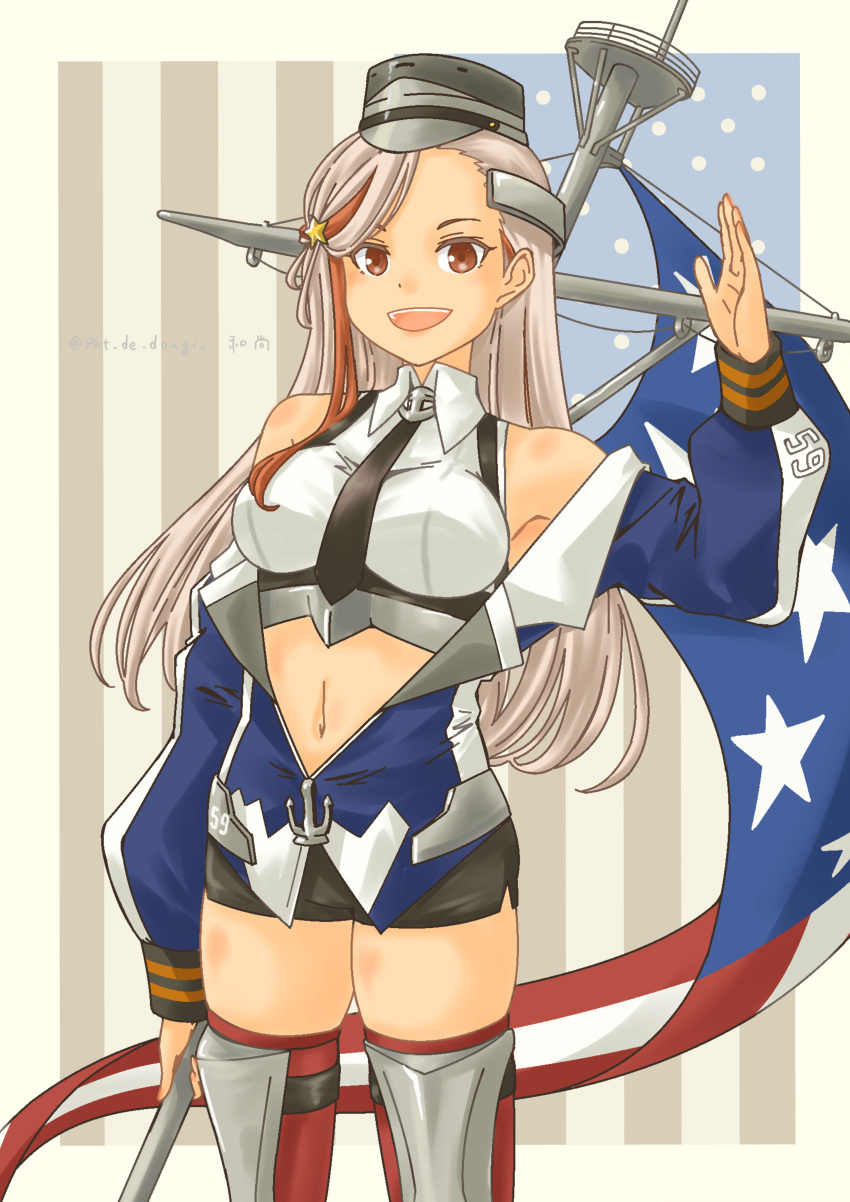 1girl absurdres american_flag black_necktie black_skirt blonde_hair blue_jacket breasts commentary_request flag_background headgear highres jacket kantai_collection large_breasts long_hair massachusetts_(kancolle) mast multicolored_hair navel necktie pencil_skirt pennant pot-de red_eyes red_thighhighs redhead shirt skirt sleeveless sleeveless_shirt smile solo streaked_hair thigh-highs waving white_shirt