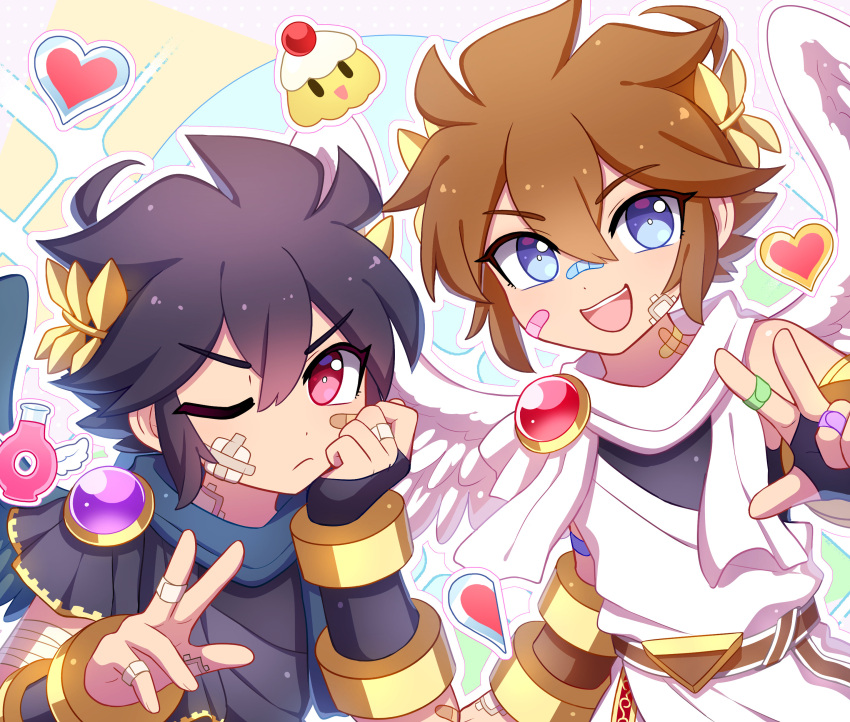 2boys absurdres angel angel_wings annoyed arm_support bandaid bandaid_on_face bandaid_on_nose black_hair blue_eyes bottle commentary dark_pit enni feathered_wings heart highres kid_icarus kid_icarus_uprising laurel_crown male_focus multiple_boys one_eye_closed pit_(kid_icarus) red_eyes siblings smile symbol-only_commentary twins w wings