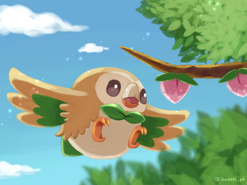 beak berry berry_(pokemon) blue_sky branch brown_eyes clouds commentary flying full_body highres ibusaki_(ivu) leaf no_humans open_mouth outdoors pecha_berry pokemon pokemon_(creature) rowlet sky talons tree