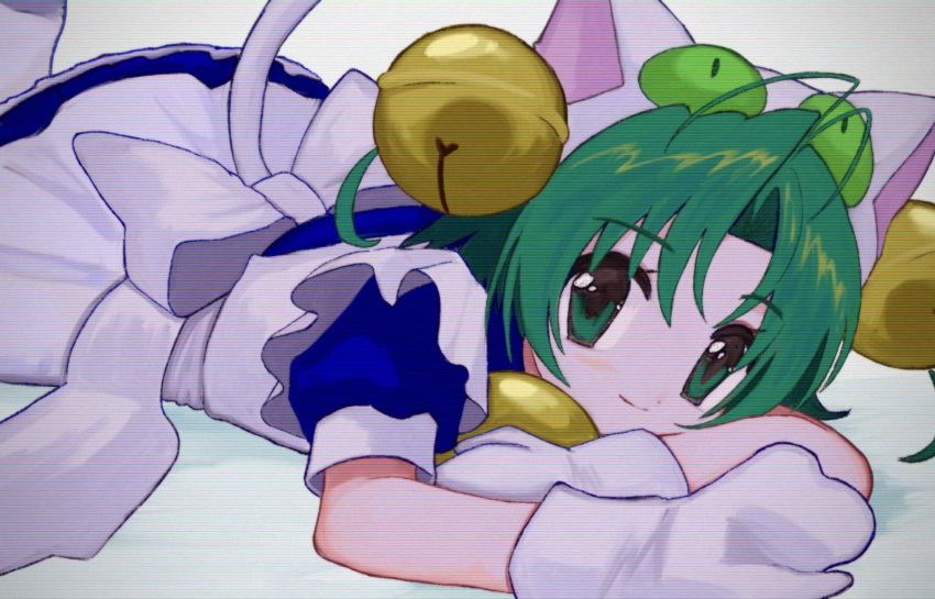 1girl animal_ears animal_hat antenna_hair apron bell blue_dress cat_ears cat_hat cat_tail dejiko di_gi_charat dress green_eyes green_hair hair_bell hair_ornament hat highres looking_at_viewer lying maid_apron on_stomach pepeppepe101 puffy_short_sleeves puffy_sleeves short_hair short_sleeves tail white_apron