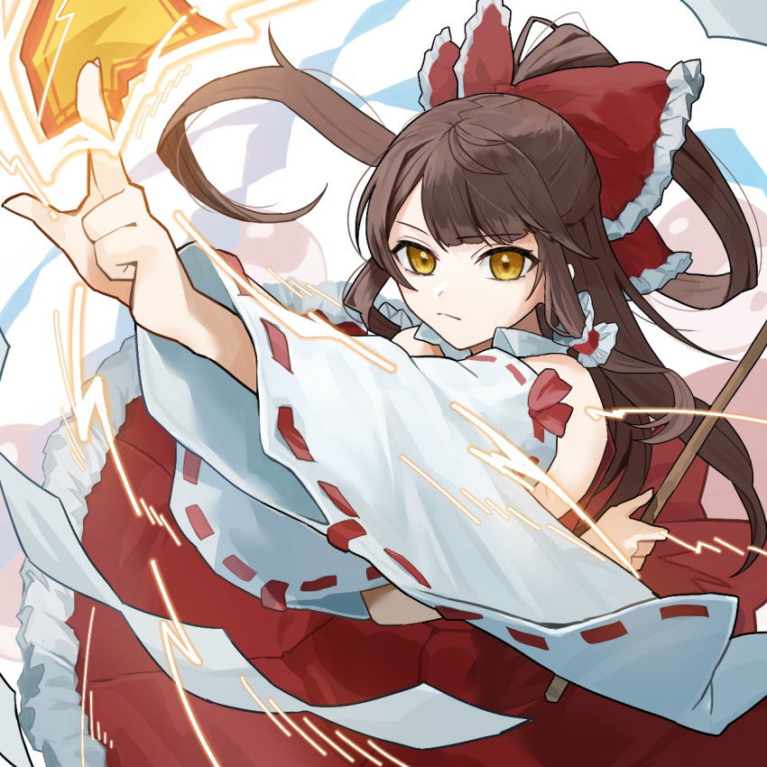 1girl arm_up bow brown_hair closed_mouth frilled_bow frilled_hair_tubes frills gohei hair_bow hair_tubes hakurei_reimu highres holding holding_gohei long_hair looking_at_viewer ofuda red_bow red_shirt ribbon-trimmed_sleeves ribbon_trim shide shirt solo touhou uohara_shinji upper_body white_sleeves wide_sleeves yellow_eyes