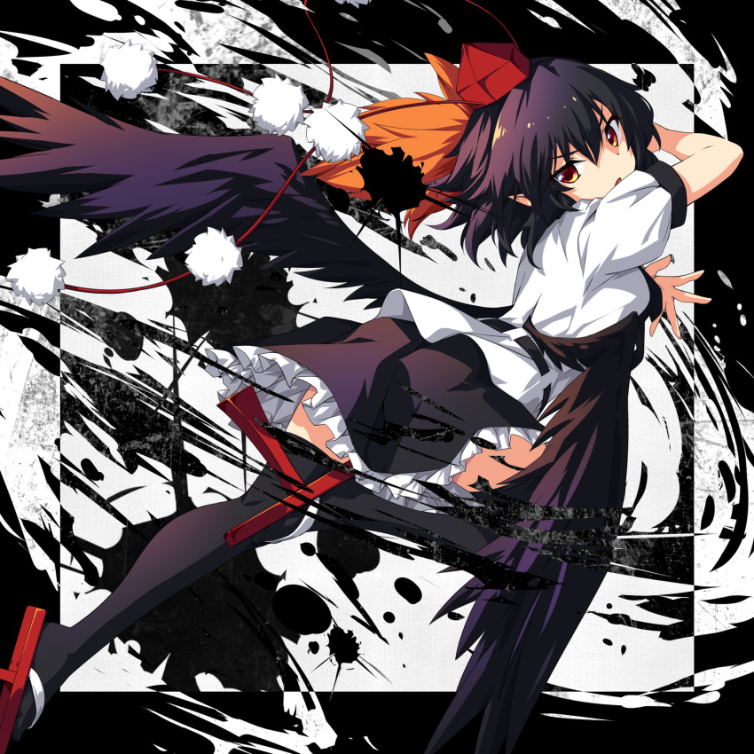 1girl arm_up back black_background black_hair black_necktie black_skirt black_thighhighs breasts commentary_request feathered_wings flying frills from_behind geta hair_between_eyes hand_fan hands_up hat highres holding holding_fan leg_up looking_back medium_breasts necktie open_mouth pointy_ears pom_pom_(clothes) puffy_short_sleeves puffy_sleeves red_eyes red_footwear red_headwear shameimaru_aya shirt shoes short_hair short_sleeves skirt solo tengu-geta thigh-highs tokin_hat touhou ugume v-shaped_eyebrows white_background white_shirt wings