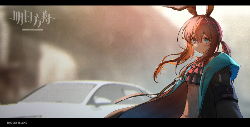 1girl amiya_(arknights) animal_ears arknights black_jacket blue_eyes brown_hair car closed_mouth commentary_request copyright_name hair_between_eyes highres hood hood_down hooded_jacket jacket letterboxed long_hair long_sleeves looking_at_viewer low_ponytail motor_vehicle open_clothes open_jacket ponytail rabbit_ears shirt sidelocks solo white_shirt yadoshin