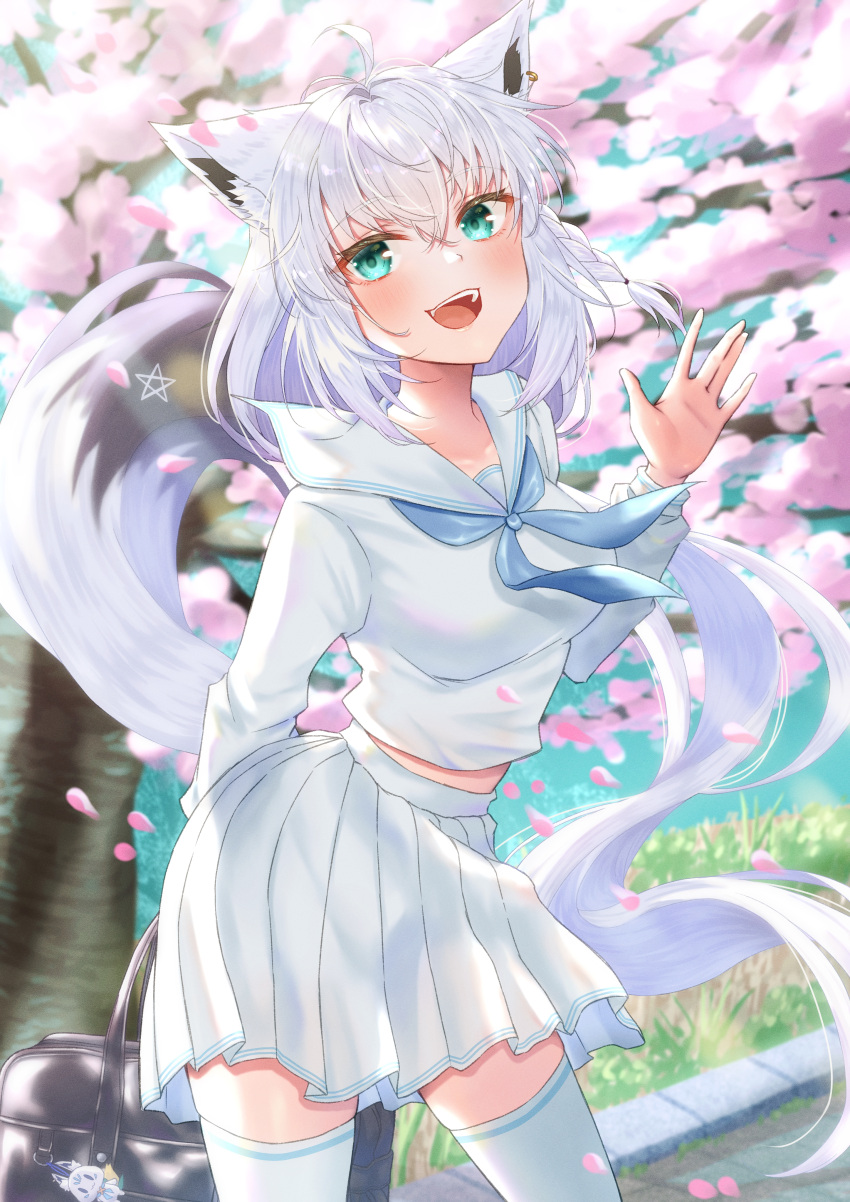 1girl absurdres ahoge animal_ear_fluff animal_ears bag blue_neckerchief blurry blurry_background blush braid breasts cherry_blossoms commentary_request day earrings fox_ears fox_girl fox_tail green_eyes hair_between_eyes handbag highres holding holding_bag hololive jewelry long_hair long_sleeves looking_at_viewer mary_is_mine medium_breasts neckerchief open_mouth outdoors pentagram pleated_skirt school_uniform serafuku shirakami_fubuki sidelocks single_braid skirt solo tail thigh-highs virtual_youtuber waving white_hair white_serafuku white_thighhighs zettai_ryouiki