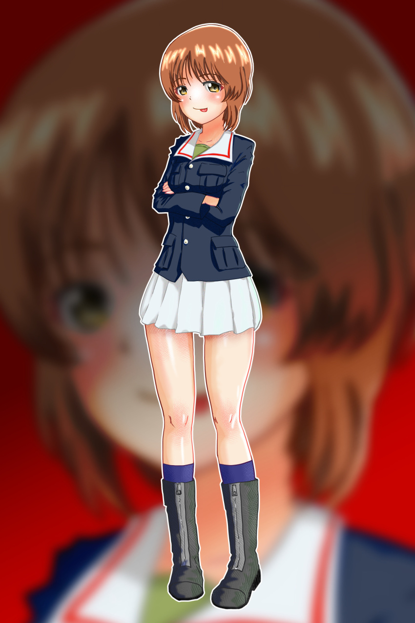 1girl :p black_footwear blue_jacket blue_socks blurry blurry_background boots brown_eyes brown_hair closed_mouth commentary crossed_arms full_body girls_und_panzer green_shirt highres jacket long_sleeves looking_at_viewer manukahanii military military_uniform miniskirt nishizumi_miho ooarai_military_uniform outline pleated_skirt shirt short_hair skirt smile socks solo standing tongue tongue_out uniform white_outline white_skirt zipper zoom_layer
