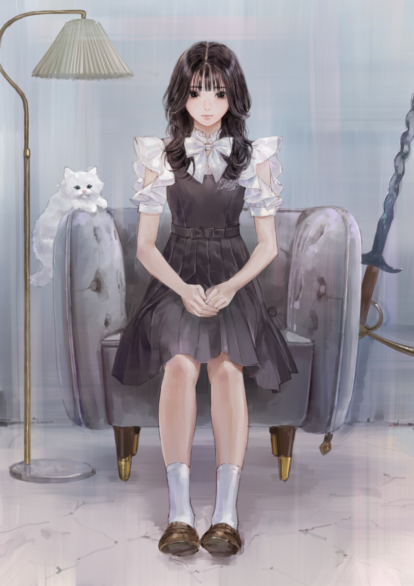 1girl absurdres armchair black_eyes black_hair bow bowtie brown_footwear cat chair clothing_cutout commentary_request dress expressionless full_body grey_dress highres kishida_mel lamp loafers long_hair looking_at_viewer original own_hands_together pleated_dress shoes short_sleeves shoulder_cutout sitting socks straight-on sword weapon white_bow white_bowtie white_cat white_socks