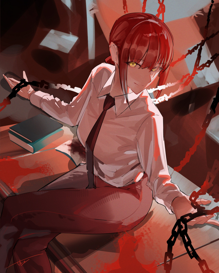 1girl absurdres black_necktie braid braided_ponytail chain chainsaw_man collared_shirt crossed_legs desk highres looking_at_viewer makima_(chainsaw_man) medium_hair necktie on_desk red_theme redhead ringed_eyes seies_ss shirt shirt_tucked_in sidelocks signature sitting sitting_on_desk smile solo white_shirt yellow_eyes