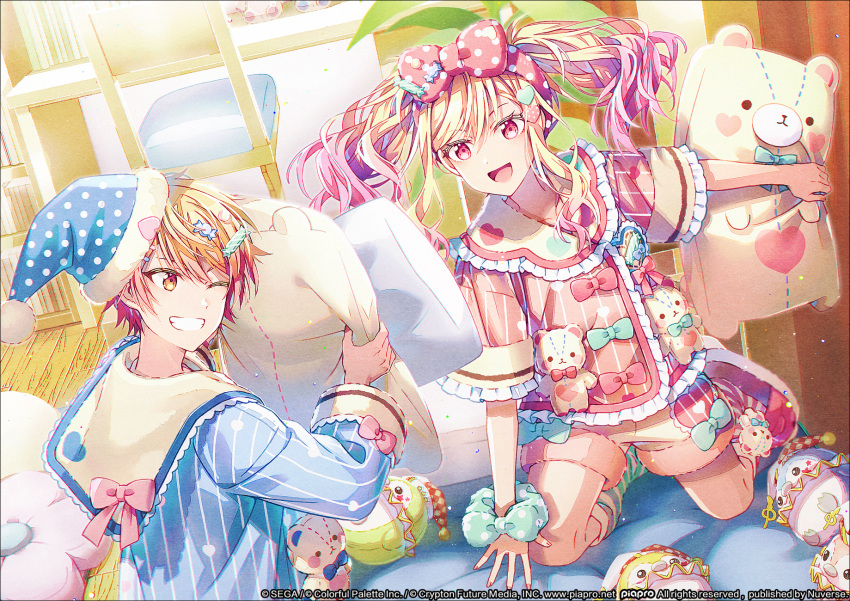1boy 1girl animal_pillow asymmetrical_legwear bed bedroom blonde_hair blue_pajamas book bookshelf bow brother_and_sister candy_hair_ornament chair checkered_clothes checkered_headwear collared_shirt colored_tips crypton_future_media curtains desk floating_hair floor food-themed_hair_ornament frilled_shirt_collar frilled_sleeves frills gradient_hair green_ribbon green_scrunchie grin hair_ornament hairband hairclip hakusai_(tiahszld) happy hat heart heart_hair_ornament heart_print highres indoors jester_cap kneeling leaf light_particles mismatched_legwear multicolored_hair neck_ruff nightcap on_bed one_eye_closed open_mouth orange_eyes pajamas phenny_(project_sekai) piapro pillow pillow_fight pink_bow pink_eyes pink_hair pink_hairband pink_pajamas pink_ribbon pink_shirt pink_shorts plant polka_dot polka_dot_hairband polka_dot_headwear polka_dot_scrunchie pom_pom_(clothes) potted_plant project_sekai ribbon scrunchie sega shirt short_sleeves shorts siblings sidelocks slippers smile socks striped striped_pajamas striped_socks stuffed_animal stuffed_phoenix stuffed_toy swept_bangs teddy_bear tenma_saki tenma_tsukasa tsurime twintails two-tone_hair two-tone_headwear vertical-striped_pajamas vertical_stripes wavy_hair white_headwear wooden_chair wooden_floor