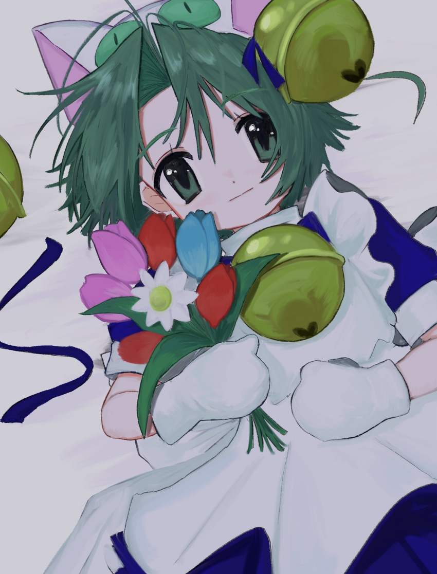 1girl animal_ears animal_hands animal_hat antenna_hair apron bell blue_dress blue_flower bouquet cat_ears cat_hat dejiko di_gi_charat dress flower gloves green_hair hair_bell hair_ornament hat highres holding holding_bouquet looking_at_viewer maid_apron paw_gloves pepeppepe101 pink_flower pink_tulip puffy_short_sleeves puffy_sleeves red_flower red_tulip short_hair short_sleeves tulip white_apron white_flower white_mittens