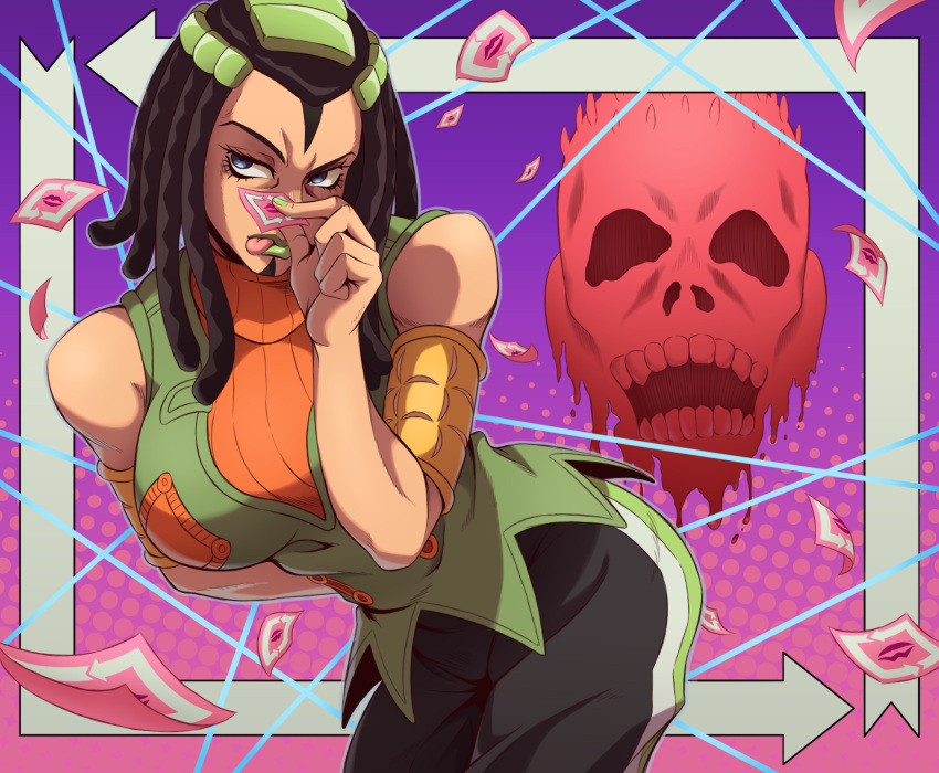 1girl armband arrow_(symbol) bare_shoulders black_hair blue_eyes breasts dreadlocks ermes_costello green_lips highres inset jojo_no_kimyou_na_bouken kristallion large_breasts leaning_forward licking_lips lipstick_mark sleeveless sleeveless_turtleneck solo sports_max sticker stone_ocean string tongue tongue_out turtleneck zombie