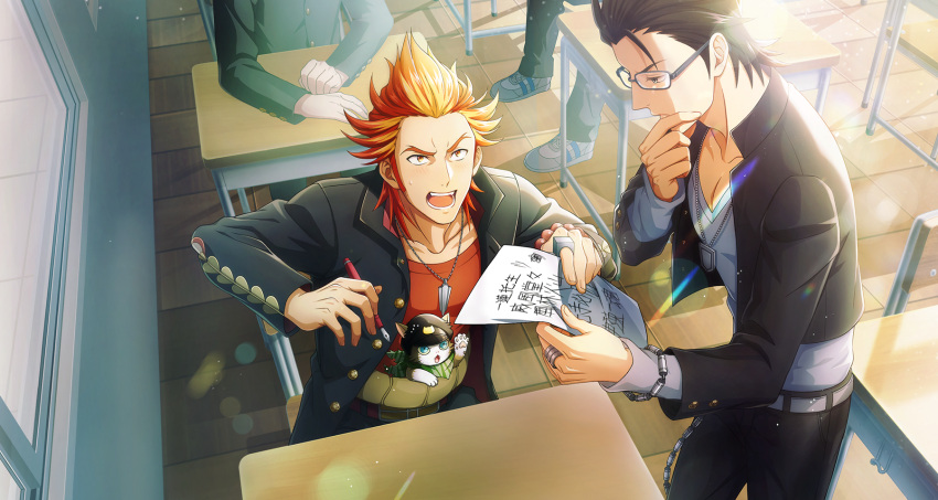 2boys 2others akai_suzaku black_hair cat desk fingernails glasses highres holding holding_paper idolmaster idolmaster_side-m idolmaster_side-m_growing_stars jewelry kurono_genbu long_sleeves male_focus multicolored_hair multiple_boys multiple_others necklace nyako_(idolmaster) official_art open_mouth orange_eyes orange_hair paper pen redhead ring school_desk shoes sitting sneakers sunlight teeth