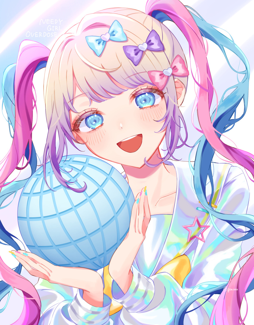 1girl :d absurdres blonde_hair blue_bow blue_eyes blue_hair blue_nails blue_shirt blush bow chouzetsusaikawa_tenshi-chan copyright_name hair_bow highres holding long_hair long_sleeves looking_at_viewer multicolored_hair multicolored_nails multiple_hair_bows needy_girl_overdose open_mouth pink_bow pink_hair pink_nails purple_bow quad_tails sailor_collar school_uniform serafuku shirt smile solo twintails upper_body very_long_hair y_w_uuu yellow_bow yellow_nails