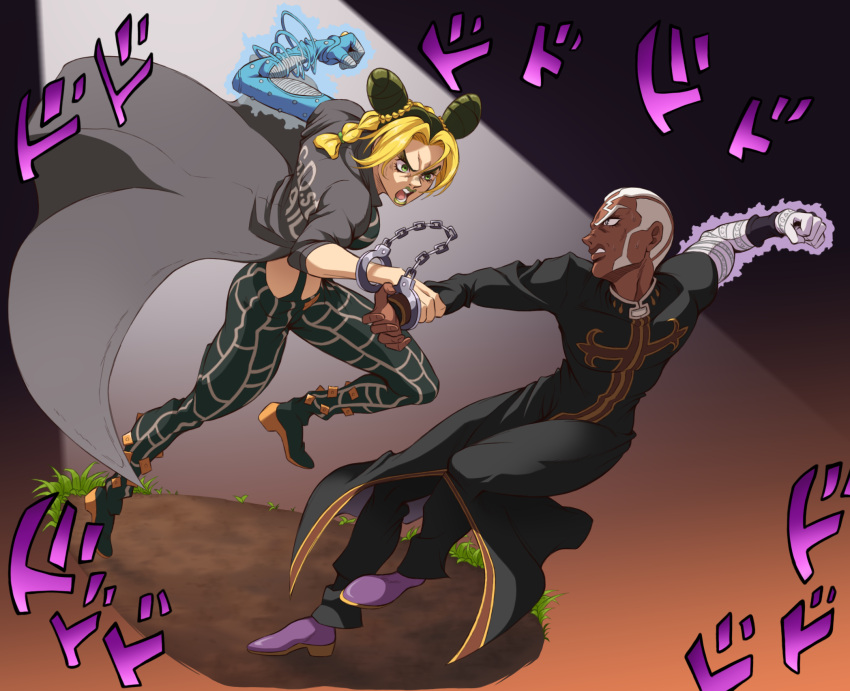 1boy 1girl aura black_hair blonde_hair cone_hair_bun cuffs dark-skinned_male dark_skin double_bun dual_persona enrico_pucci fighting_stance green_eyes green_lips hair_bun handcuffs highres imminent_punch jojo_no_kimyou_na_bouken kristallion kujo_jolyne long_coat midriff multicolored_hair priest spider_web_print spotlight stone_ocean string two-tone_hair white_hair whitesnake_(stand)