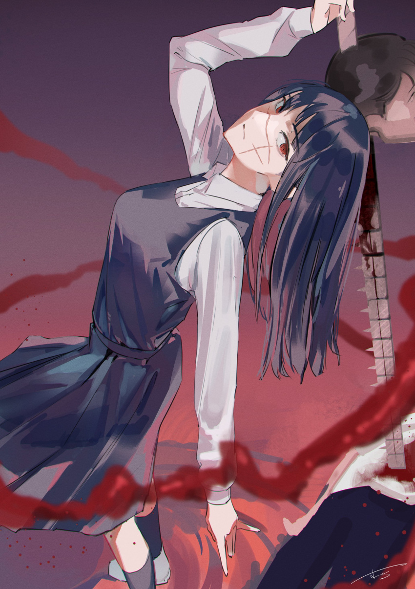 1girl absurdres black_hair blood chainsaw_man cross_scar dress fourth_east_high_school_uniform gradient_background head_tilt highres holding holding_sword holding_weapon long_hair looking_at_viewer pinafore_dress red_eyes ringed_eyes scar scar_on_cheek scar_on_face school_uniform seies_ss severed_head solo spine sword weapon yoru_(chainsaw_man)