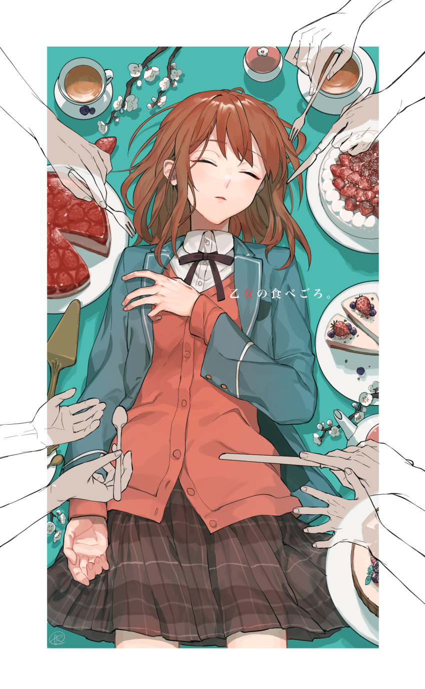 1girl anzu_(ensemble_stars!) aqua_background black_ribbon blazer blue_jacket border brown_hair cake cake_slice closed_eyes coffee disembodied_limb ensemble_stars! food hand_on_own_chest highres jacket long_sleeves lying neck_ribbon on_table open_mouth pink_vest plaid plaid_skirt ribbon school_uniform skirt solo sumibiya_yasain table vest white_border white_hair yumenosaki_school_uniform