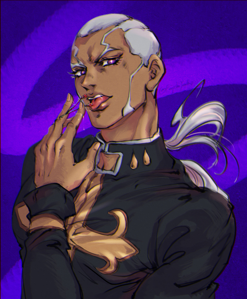+_+ 1boy absurdres buzz_cut cherry dark-skinned_male dark_skin enrico_pucci food fruit fujoshi_yuuko highres jojo_no_kimyou_na_bouken licking licking_finger long_hair looking_at_viewer male_focus ponytail priest saliva saliva_trail short_hair sideburns solo stone_ocean tongue tongue_out upper_body very_short_hair violet_eyes white_hair