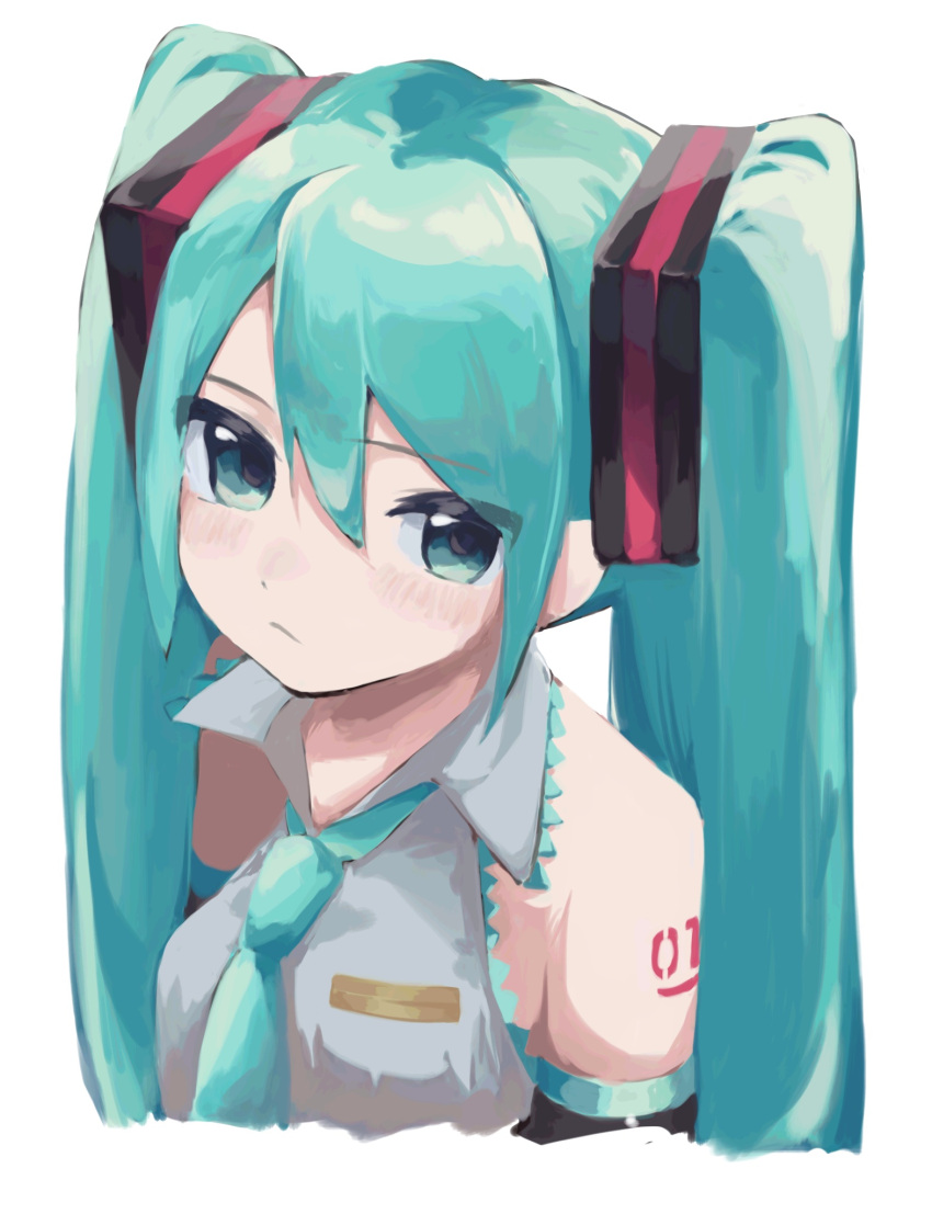 1girl aqua_eyes aqua_hair aqua_necktie asymmetrical_bangs bare_shoulders black_ribbon black_sleeves breasts closed_mouth collared_shirt cropped_torso detached_sleeves dot_nose grey_shirt hair_between_eyes hair_ribbon hatsune_miku highres lace-trimmed_shirt lace_trim light_blush light_frown long_hair looking_at_viewer medium_breasts necktie neon_trim number_tattoo poncha_(fks) ribbon shirt shoulder_tattoo sidelocks sleeveless sleeveless_shirt solo straight_hair swept_bangs tattoo twintails vocaloid white_background