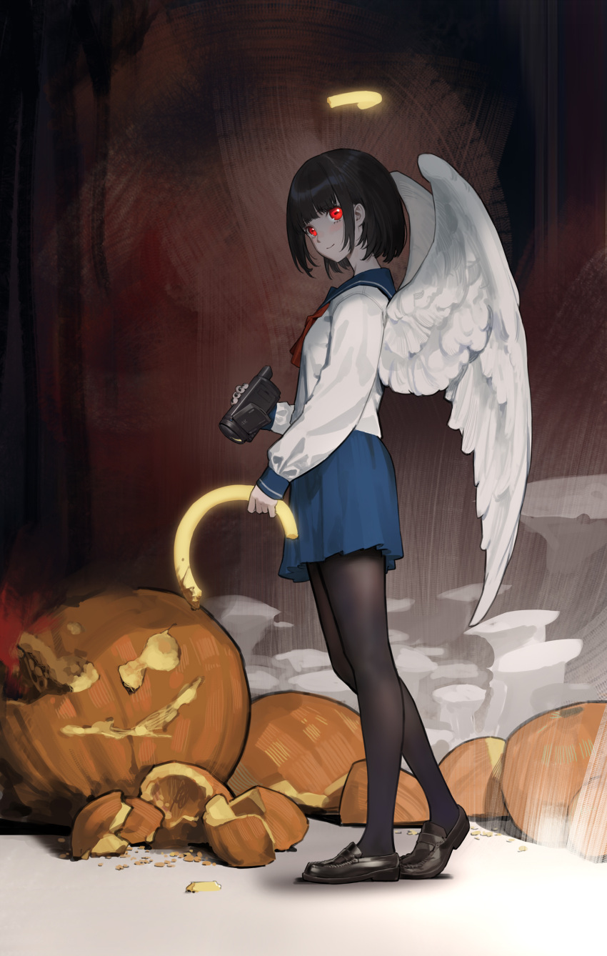 1girl angel_wings black_footwear black_hair black_pantyhose blue_sailor_collar blue_skirt broken_halo camcorder cancer_(zjcconan) closed_mouth feathered_wings full_body glowing glowing_eyes halo highres holding_camcorder light_blush loafers looking_at_viewer original pantyhose pumpkin red_eyes sailor_collar school_uniform serafuku shoes short_hair skirt smile solo video_camera white_serafuku white_wings wings