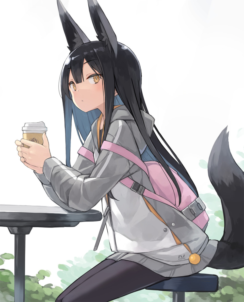 1girl animal_ear_fluff animal_ears backpack bag black_hair black_pantyhose coffee_cup cup disposable_cup elbow_rest expressionless fox_ears fox_girl fox_tail from_side grey_jacket hair_between_eyes highres holding holding_cup jacket kuromitsu_nene long_hair looking_at_viewer original pantyhose pink_bag poco_(asahi_age) sitting solo table tail yellow_eyes