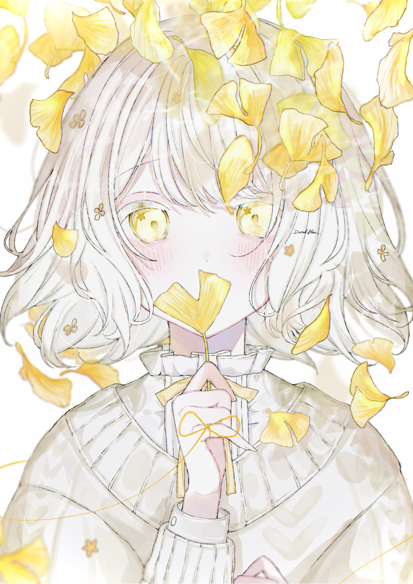 1girl absurdres autumn_leaves blush covering_mouth driedflower frilled_sweater ginkgo_leaf grey_sweater highres holding holding_leaf leaf looking_at_viewer medium_hair original signature simple_background solo sweater upper_body white_background white_hair yellow_eyes yellow_theme