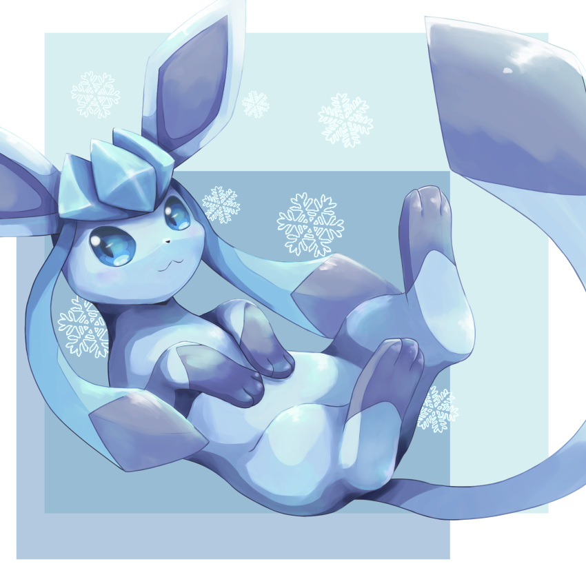 :3 blue_eyes closed_mouth commentary glaceon hands_on_stomach highres komunyan light_blue_background lying no_humans on_back pokemon pokemon_(creature) snowflake_background snowflakes solo