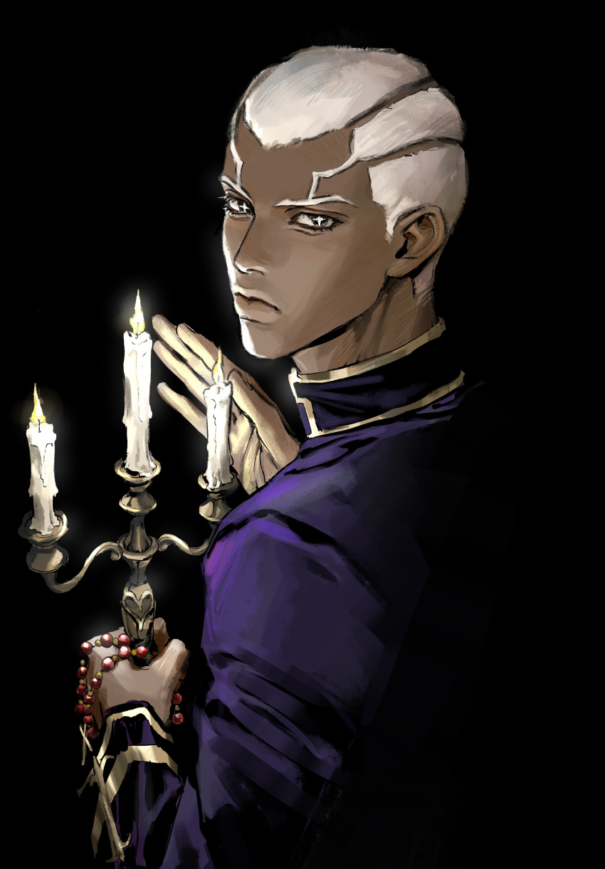 +_+ 1boy absurdres black_background black_eyes candelabra candle candlestand dark-skinned_male dark_skin darkness enrico_pucci highres jojo_no_kimyou_na_bouken looking_back male_focus priest rosary solo stone_ocean upper_body user_dapv2434 white_hair