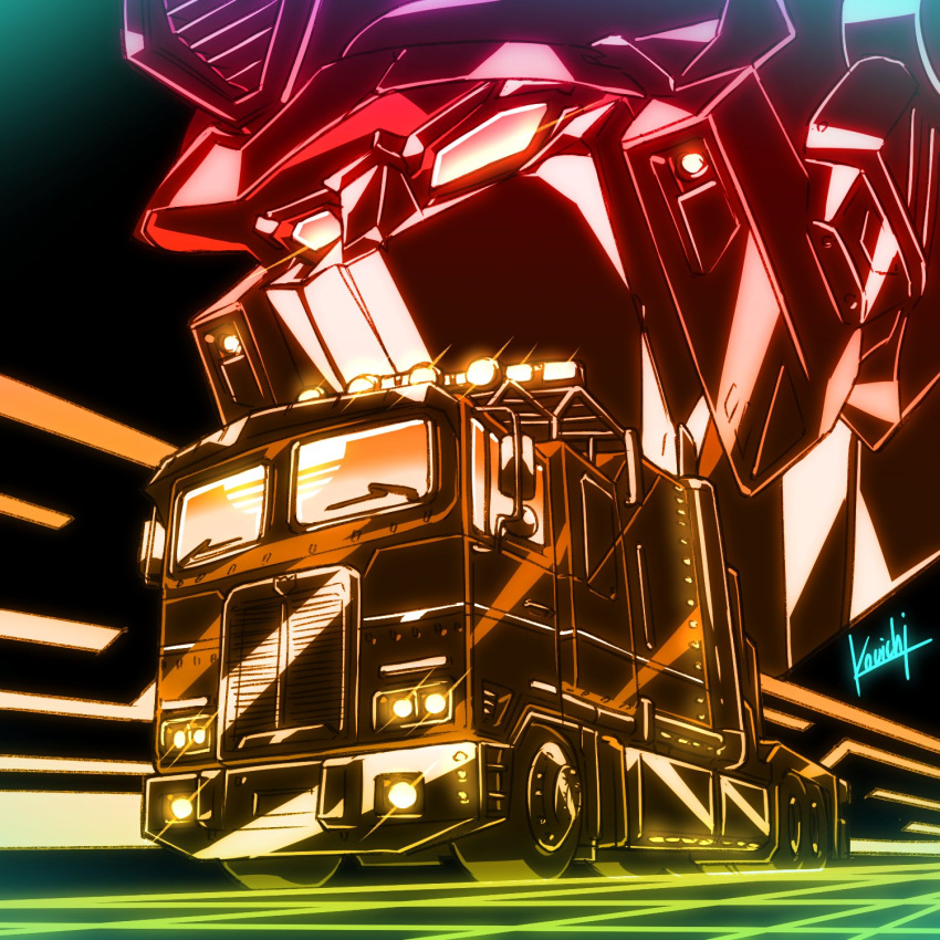 artist_name autobot glowing highres kouichi_(kouichi-129) mecha motor_vehicle no_humans optimus_prime projected_inset robot science_fiction solo_focus transformers truck vehicle_focus