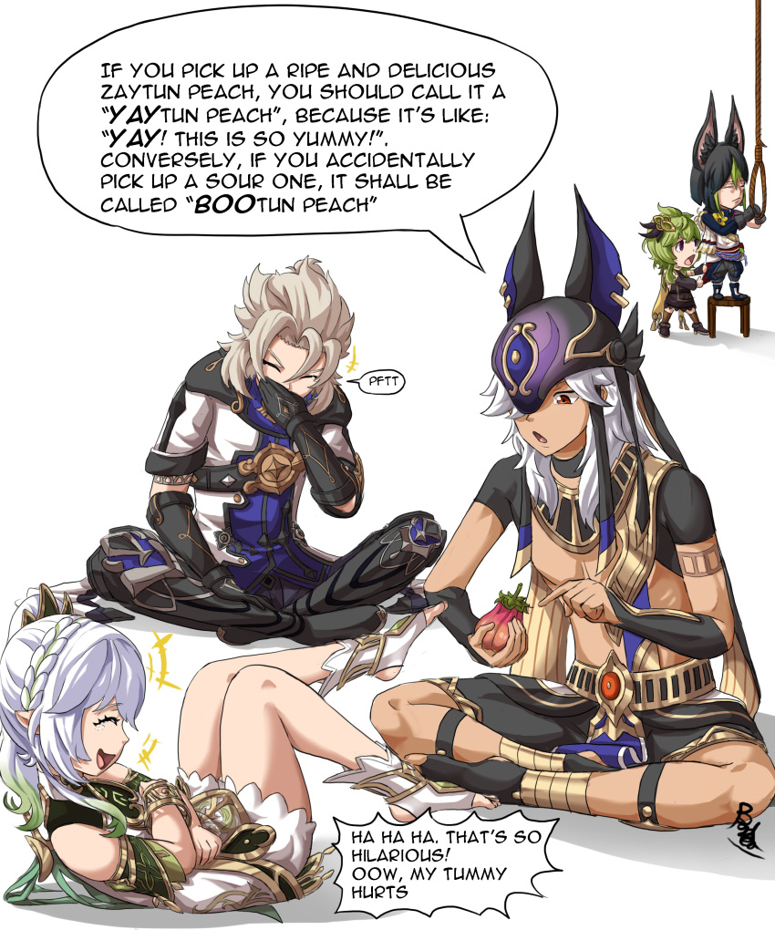 2girls 3boys absurdres albedo_(genshin_impact) animal_ear_fluff animal_ears black_gloves black_hair blonde_hair buhbuhbored capelet choker coat collei_(genshin_impact) cyno_(genshin_impact) dark-skinned_male dark_skin dress earrings english_text food fox_boy fox_ears fruit genshin_impact gloves green_hair hair_between_eyes hair_over_one_eye hat highres holding jackal_ears jewelry joke laughing long_hair long_sleeves multicolored_hair multiple_boys multiple_girls nahida_(genshin_impact) noose open_mouth pun red_eyes shirt short_hair streaked_hair tighnari_(genshin_impact) violet_eyes white_background white_hair wooden_stool