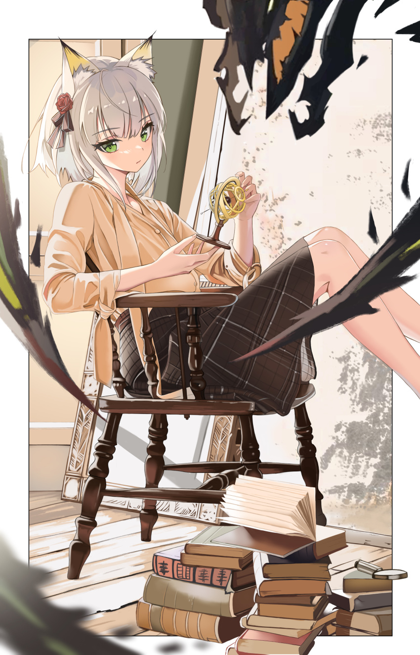 1girl absurdres animal_ear_fluff arknights auguste book bow cat_girl closed_mouth feet_out_of_frame framed green_eyes hair_bow highres holding kal'tsit_(arknights) magnifying_glass medium_hair mon3tr_(arknights) out_of_frame sitting skirt sleeves_past_elbows white_hair wooden_chair wooden_floor