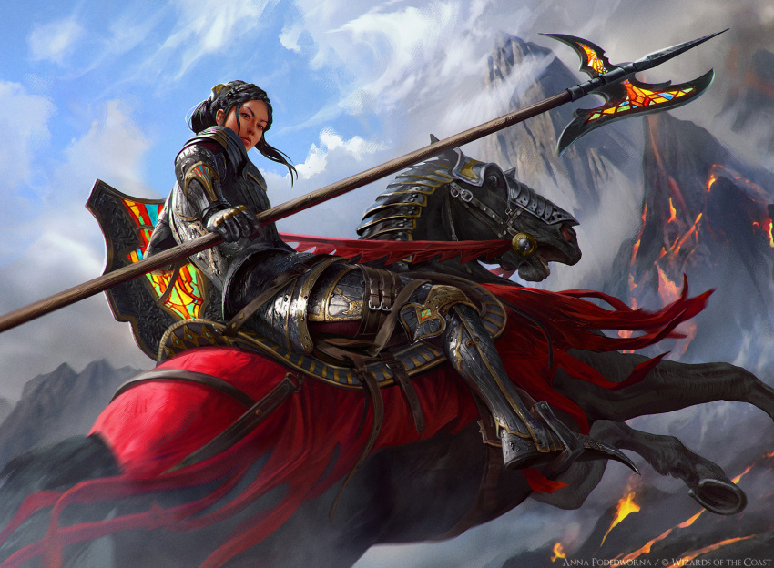 1girl akreon armor artist_name black_hair blue_sky company_name halberd highres holding holding_polearm holding_weapon horse horseback_riding looking_at_viewer magic:_the_gathering molten_rock mountain outdoors polearm riding shield sky solo stained_glass watermark weapon