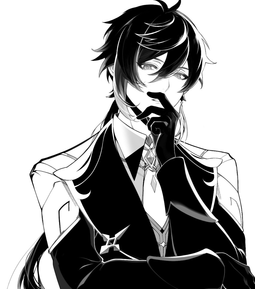 1boy earrings formal genshin_impact gloves hair_between_eyes highres jewelry lebruitestmoi long_hair long_sleeves male_focus monochrome necktie ponytail single_earring solo suit tassel tassel_earrings zhongli_(genshin_impact)