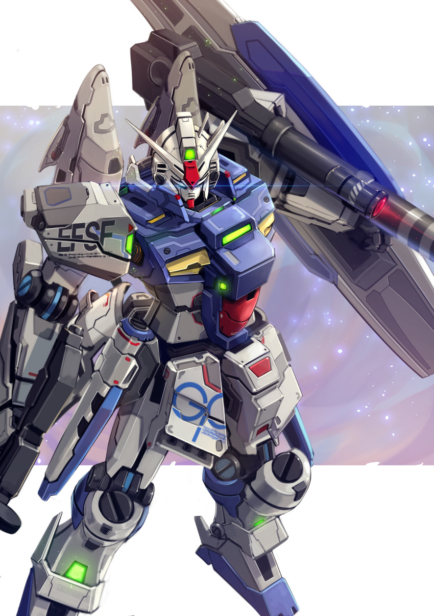 absurdres beam_cannon beam_rifle blue_eyes commentary earth_federation_space_forces energy_gun glowing glowing_eye gun gundam gundam_0083 gundam_gp-03_stamen highres holding holding_gun holding_shield holding_weapon kenko_(a143016) mecha mobile_suit no_humans robot science_fiction shield shoulder_cannon solo v-fin weapon
